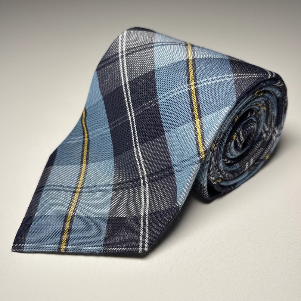 Brooks Brothers Plaid Silk Blend Necktie Blue Navy Yellow Made in USA Tie